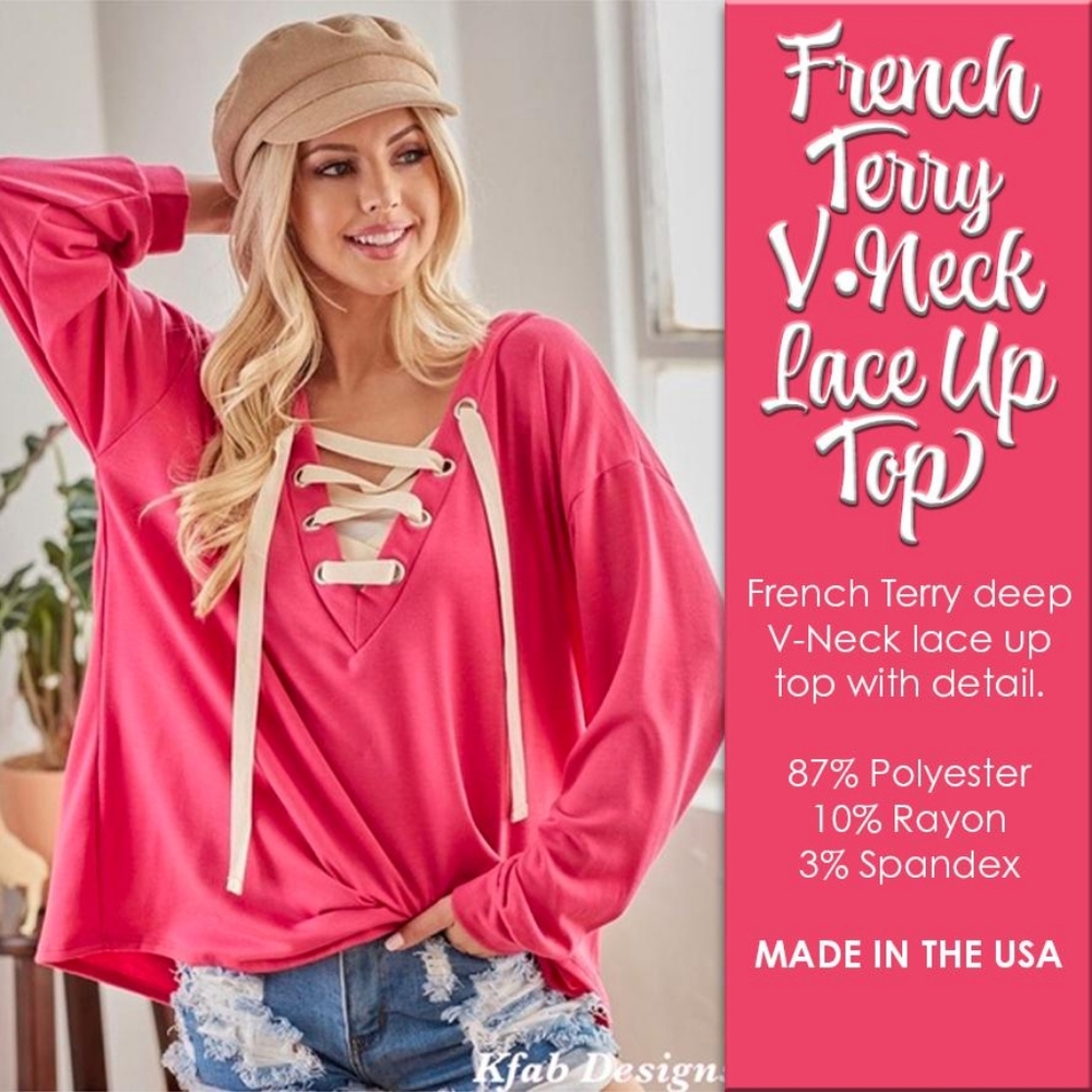 French Terry V Neck Pink Lace Up Top